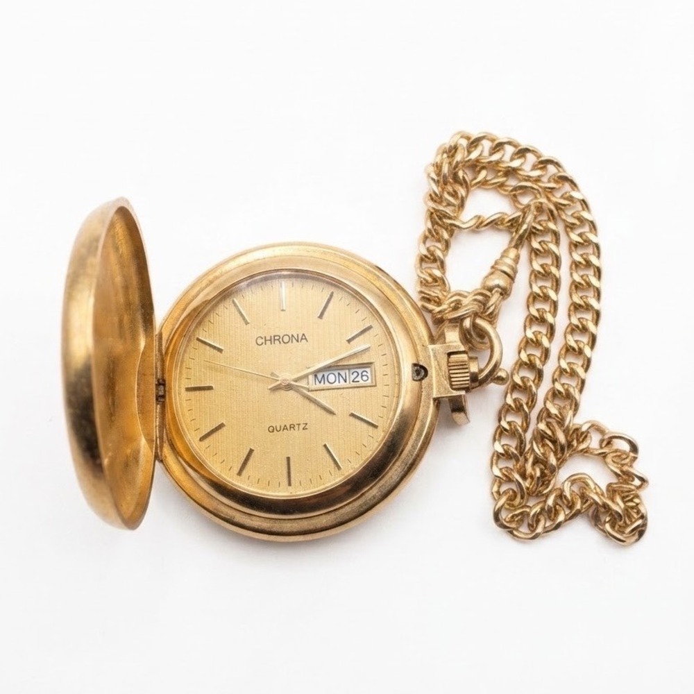 Chrona Vintage Quartz Gold Tone Hunter Case Pocket Watch Date Chain Classic